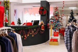 Árbol de Navidad junto a la ropa de una tienda decorada